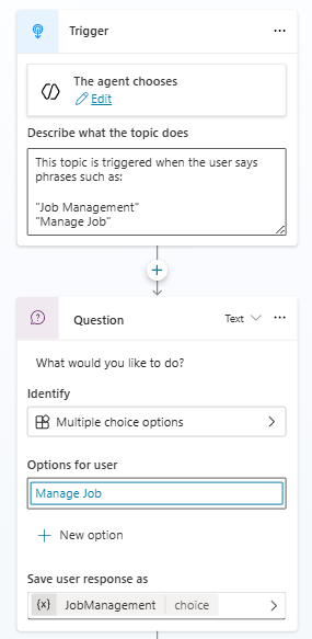 A Screenshot of the CoPilot Studio Trigger and the question action it asks