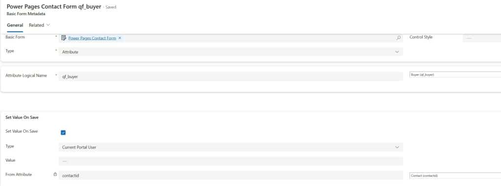 Basic Form Metadata configuration in the Power Pages Management app setting the contact lookup to the current portal user's contactid on save.