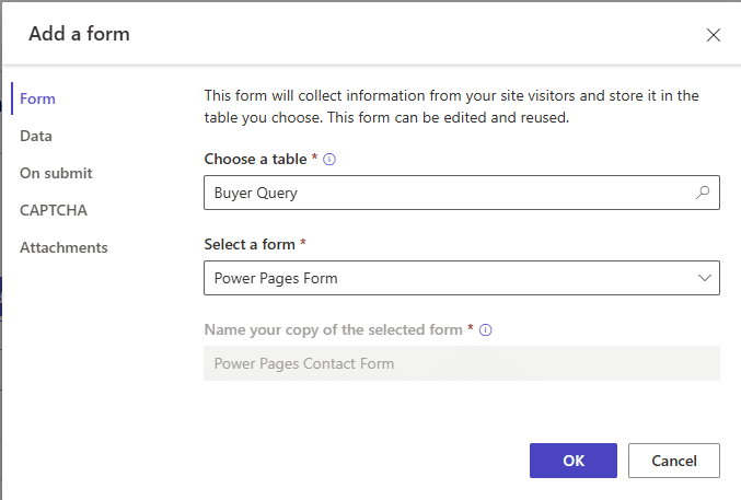 Power Pages design studio showing a form component bound to the qf_BuyerQuery table in Insert mode.