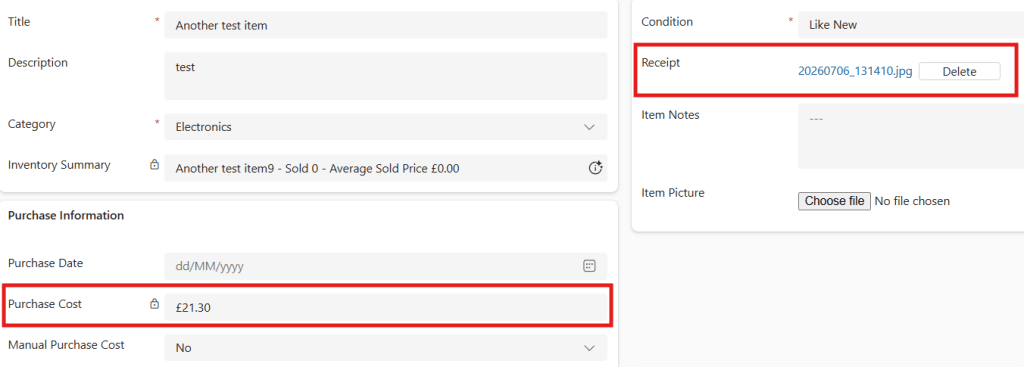 Model-driven app record showing the purchase amount populated automatically from the uploaded receipt.