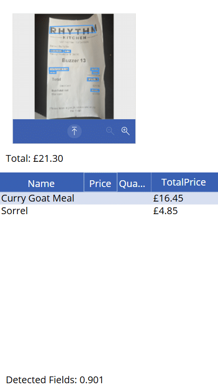 Receipt Processor canvas app showing an uploaded receipt with the extracted total and line items.