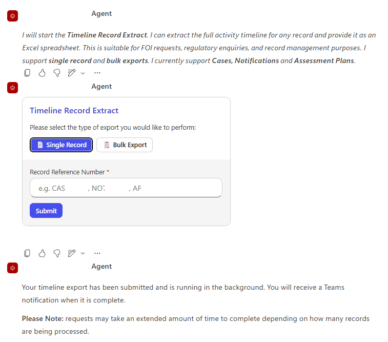 screenshot of the agent displaying an adaptive card.